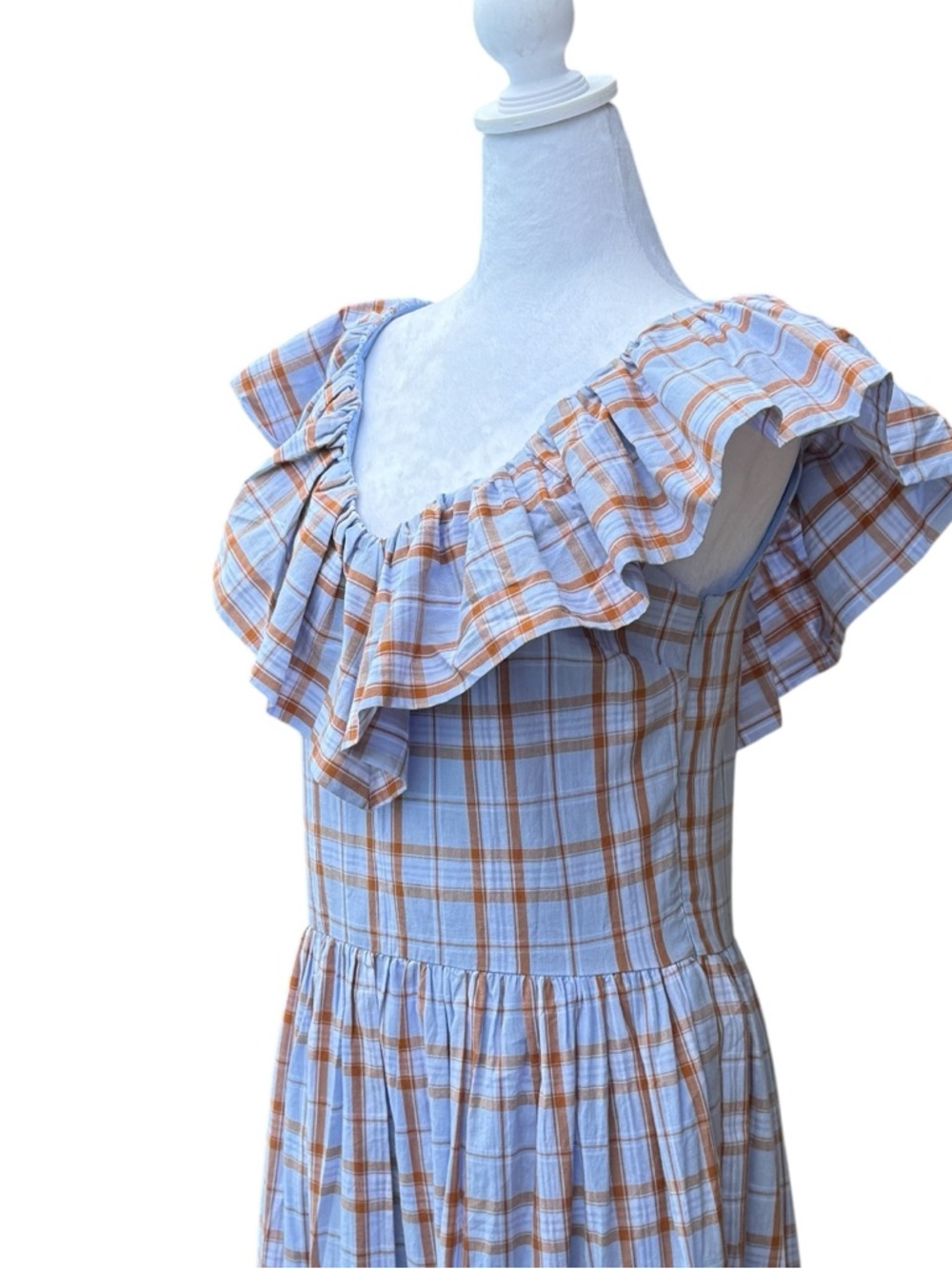 NWT English Factory Plaid Ruffle Midi Dress in Light Blue and Tan size Small - Picture 3 of 14